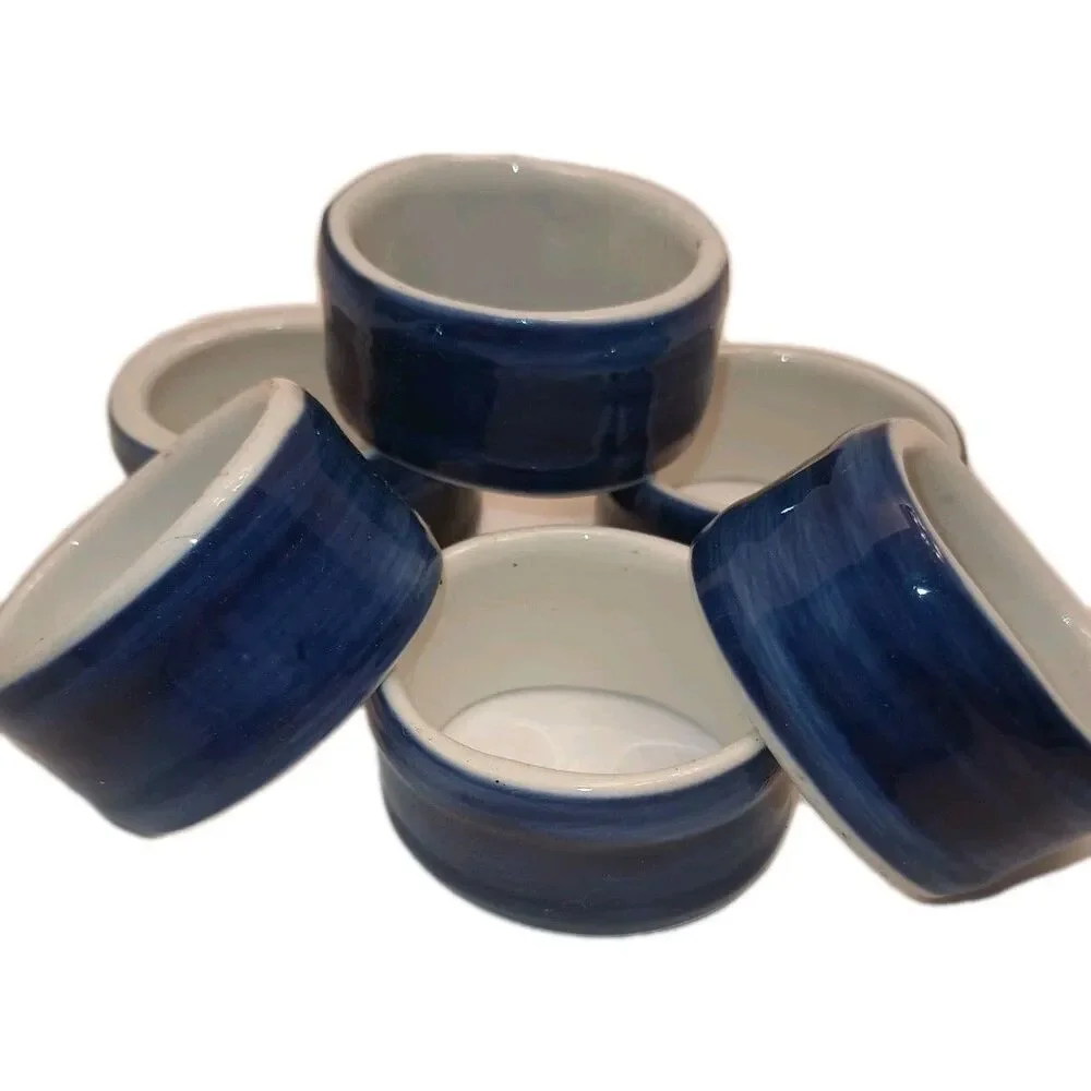 SET OF 6 - Glossy Blue & White Striped Ceramic NAPKIN RINGS, Modern. NICE!